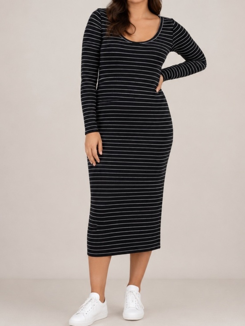 Marine Layer Lexi Black White Stripe Long Sleeve Scoop Neck Rib Midi Dress